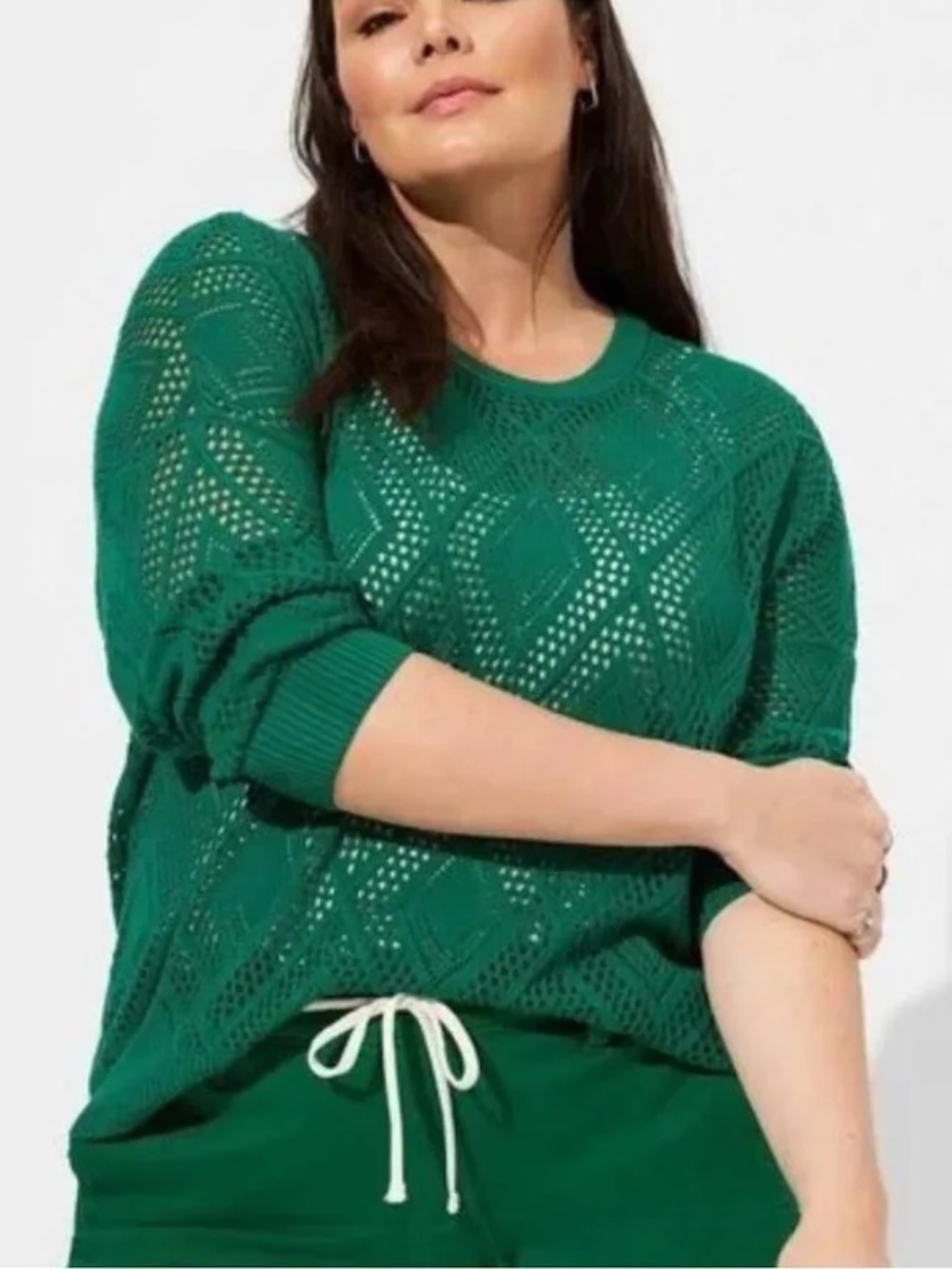Torrid Women's Emerald Green Pointelle Pullover Long Sleeve Open Weave Sweater 0